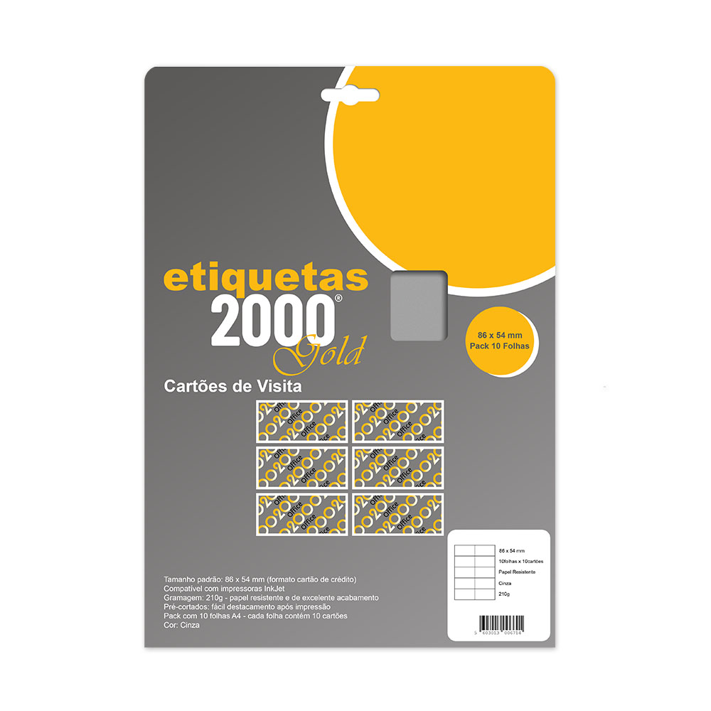 Cartões Visita 86x54mm 210g InkJet/Laser10Fls Cinza 100un