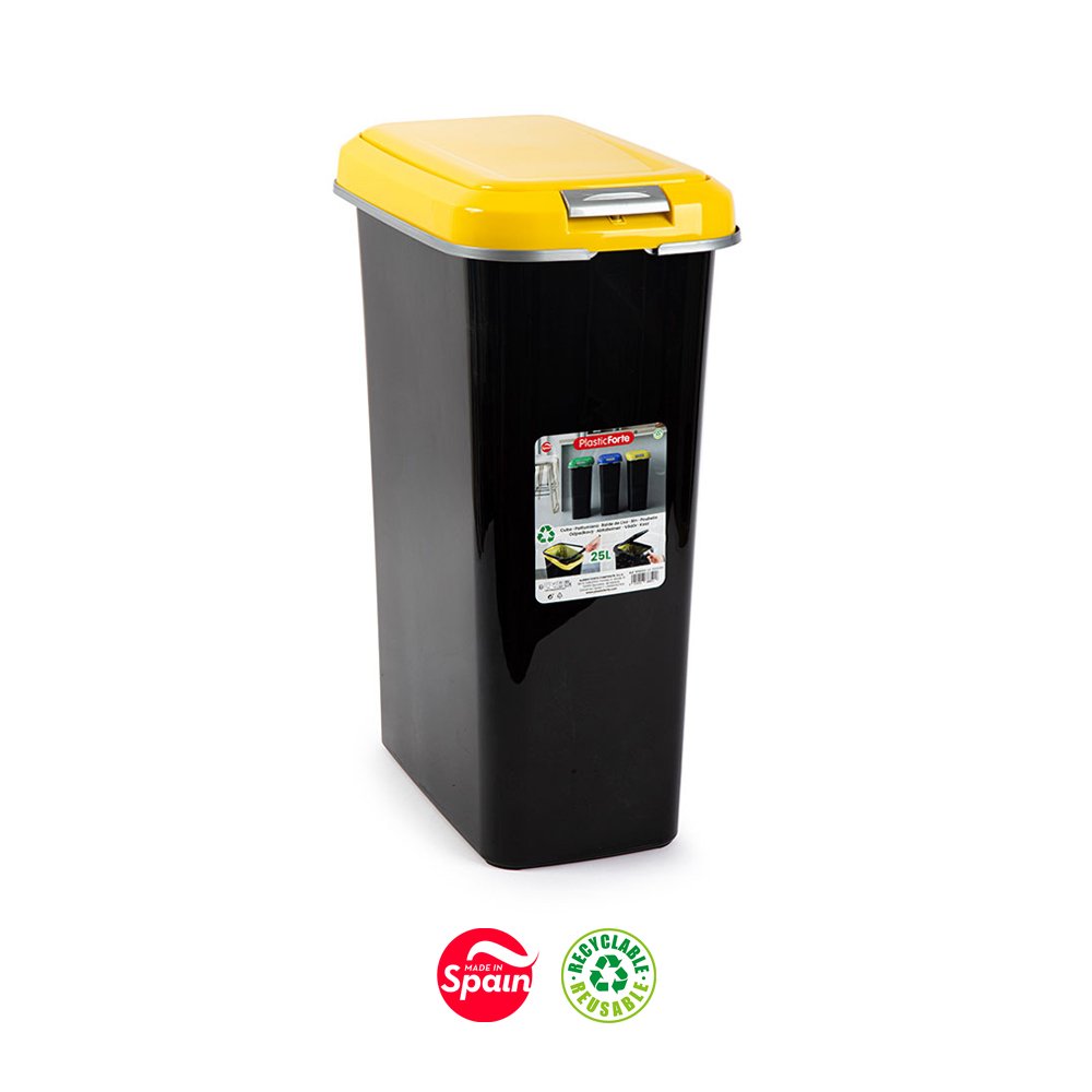Contentor 25L Plástico Preto Tampa Amarelo