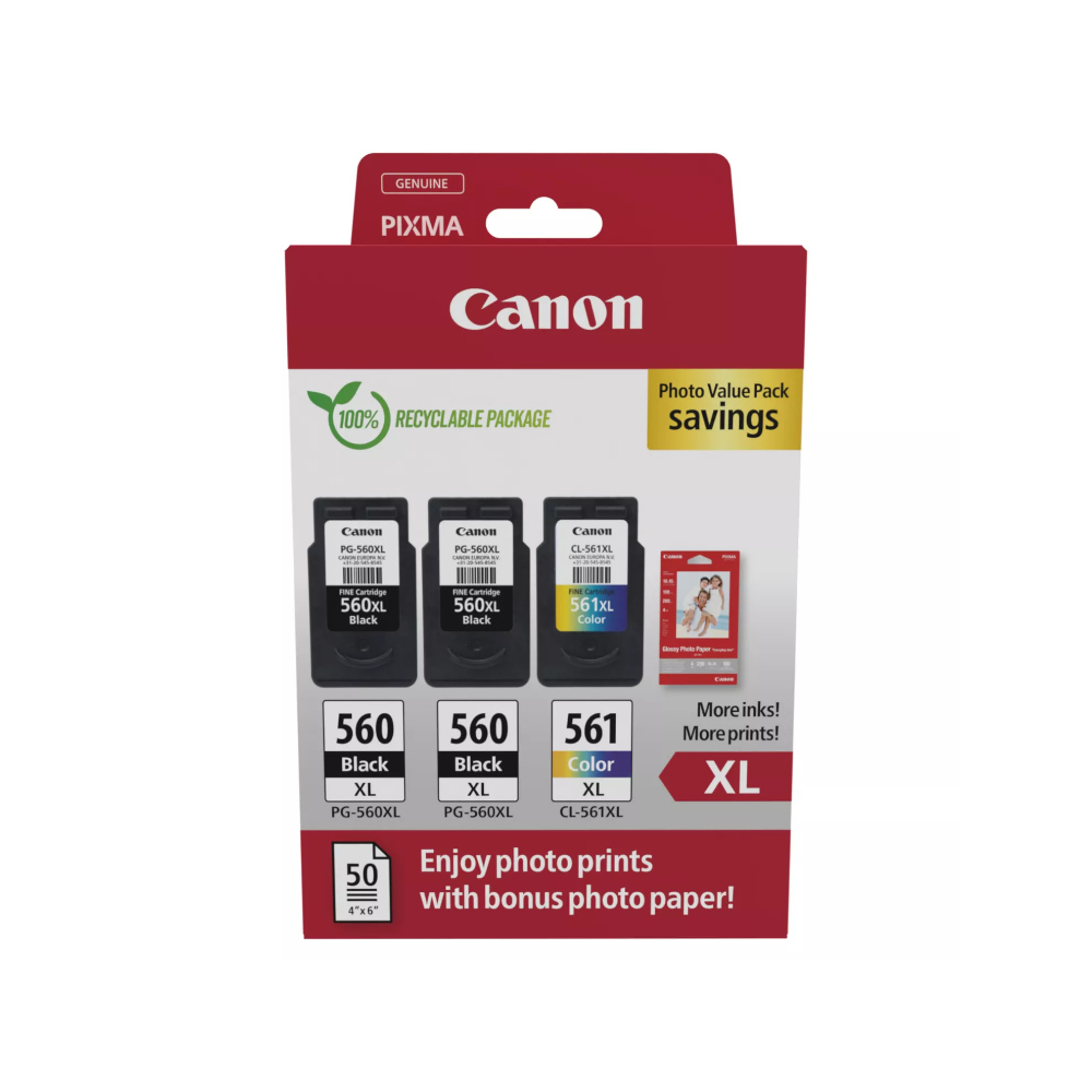 Pack Tinteiros Canon 560XLx2/561XL Preto/Cor+Papel 3712C012